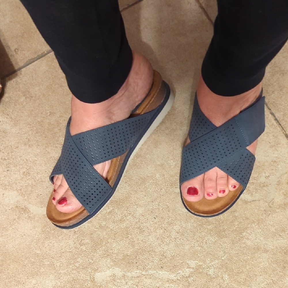 Women's Blue Perforated Slide Sandals